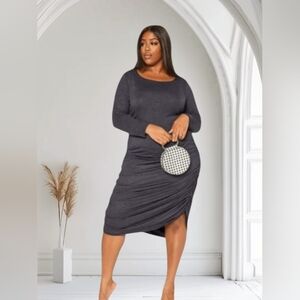 BOOHOO SEXY BLACK MIDI ROOCHED SIDE DRESS NWT SIZE 16 PLUS SIZE